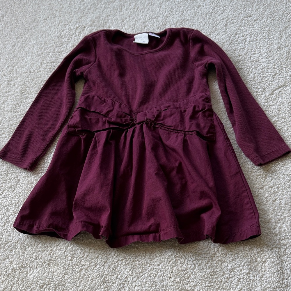 Zara Girls Long-Sleeve Dress in Burgundy with Front Bow